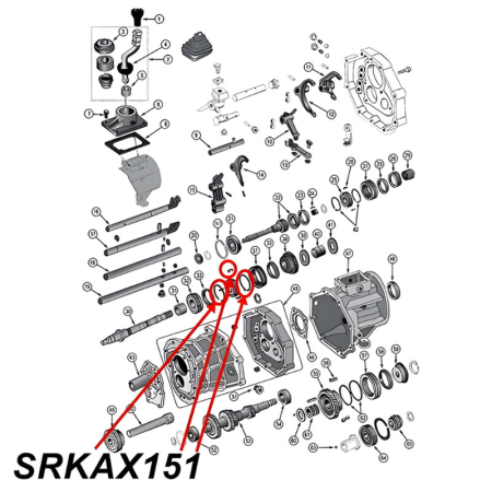 Synchronizer Repair Kit 1st & 2nd Gear AX15 Transmission Jeep XJ / YJ / TJ / ZJ (87-99), exploded drawing highlighting the location of all Set Items on Transmission with red arrows.