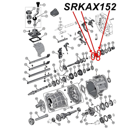 Synchronring Feder und Spannring Set 3. & 4. Gang AX15 Schaltgetriebe Jeep XJ / YJ / TJ / ZJ  (87-99), Explosionszeichnung die mit roten Pfeilen die Setbestandteile am Schaltgetriebe zeigt.