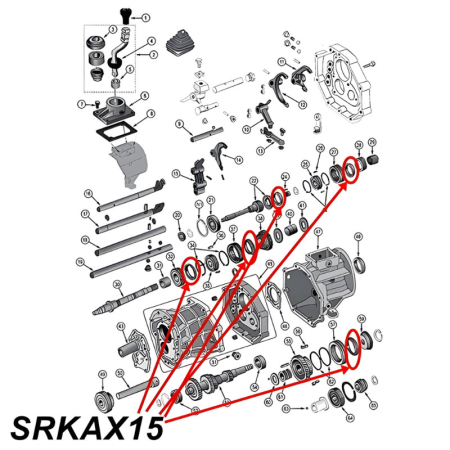 Synchronizer Ring Kit AX15 Transmission Jeep Cherokee XJ / Wrangler YJ (88-92), exploded drawing highlighting the location of all Rings on Transmission with red arrows.