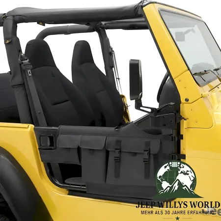 Storage Bags Black Denim Jeep CJ7, CJ8, Wrangler YJ, TJ (76-06). Close-up, mounted on closed element door.