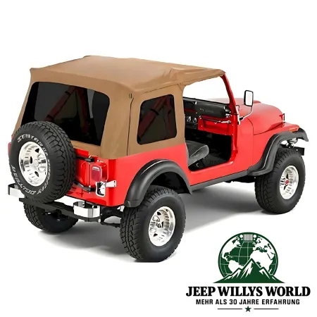 Bestop Supertop Softtop mit getönten Scheiben Spice Denim für Jeep CJ7, Wrangler YJ (1976-1995) montiert am Fahrzeug.