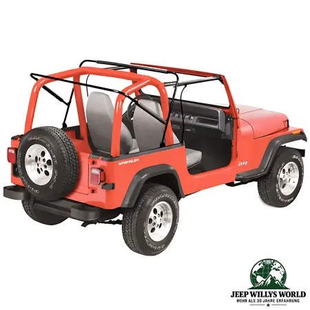 Rahmen von Bestop Supertop Softtop mit klaren Scheiben in Black Denim Jeep CJ7 Wrangler YJ (1976-1995), montiert.
