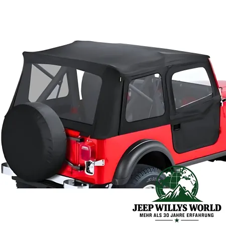 Supertop Verdeck inkl. teilbare Türen Black Denim Jeep CJ7 Wrangler YJ (76-95), montiert, Nahansicht.