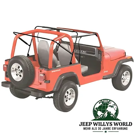 Gestänge von Bestop Soft Supertop mit klaren Scheiben, Tan Denim (braunes Vinyl) für Jeep CJ7, Wrangler YJ 76-95 am Fahrzeug.