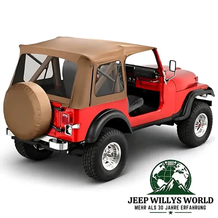 Bestop Soft Supertop mit klaren Scheiben, Tan Denim (braunes Vinyl) für Jeep CJ7, Wrangler YJ (1976-1995) am Fahrzeug.