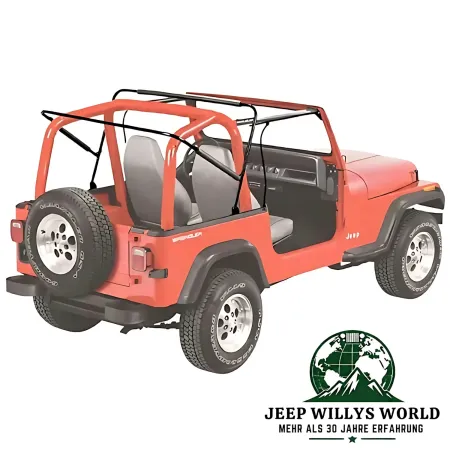 Rahmen von Bestop Supertop Softtop mit klaren Scheiben Spice Denim für Jeep CJ7, Wrangler YJ (1980-1995) am Fahrzeug.