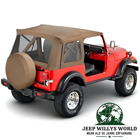 Bestop Supertop Softtop mit klaren Scheiben Spice Denim für Jeep CJ7, Wrangler YJ (1980-1995) am Fahrzeug.