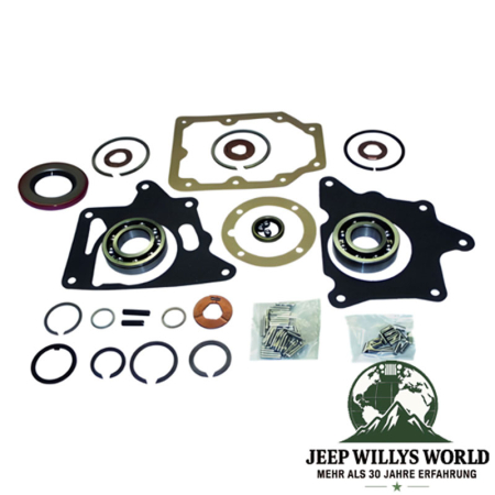 Lager Set Reparatursatz T150 Schaltgetriebe Jeep CJ (76-79), vollständiger Lieferumfang abgebildet (Lager vorne und hinten, Dichtungen, Simmerringe und Kleinteile).