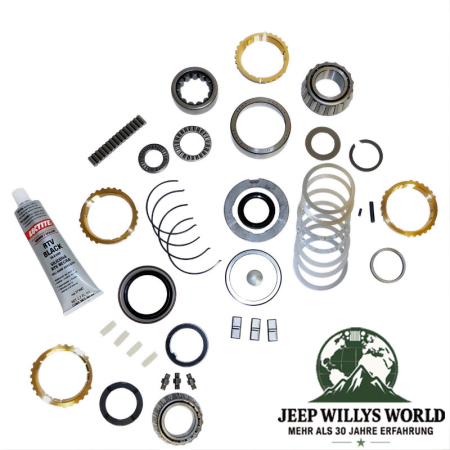 Reparatur Master Kit T4 Schaltgetriebe Jeep CJ / Cherokee XJ (82-86), kompletter Lieferumfang abgebildet (Lager, Dichtungen, Simmerringe, Synchronringe, RTV Dichtmasse, Kleinteile).