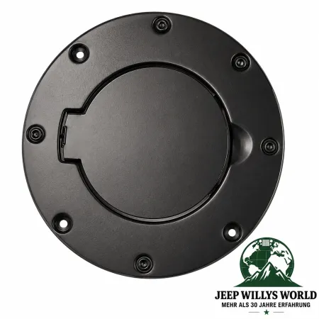 Rugged Ridge black powder-coated steel gas hatch fuel filler neck cover. Jeep Wrangler TJ (1996-2006)