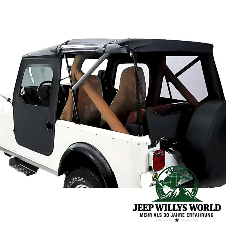 Bestop Tigertop mit einteiligen Türen Black Crush für Jeep CJ7 (76-86) montiert mit hochgerolltem Seitenfenster.