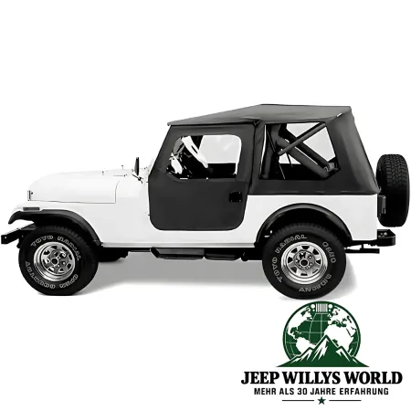 Bestop Tigertop Verdeck mit einteiligen Türen in Black Crush (strukturierts Kunstleder) für Jeep CJ7 (1976-1986) montiert.