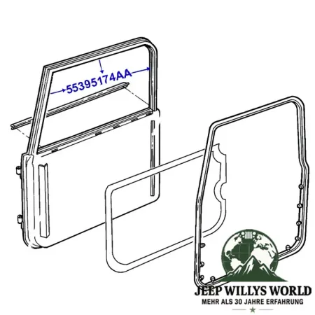 Fairchild weatherstrip door glass seal, left or right side full door. Jeep Wrangler TJ (1996-2006), technical drawing of door with seal highlighted