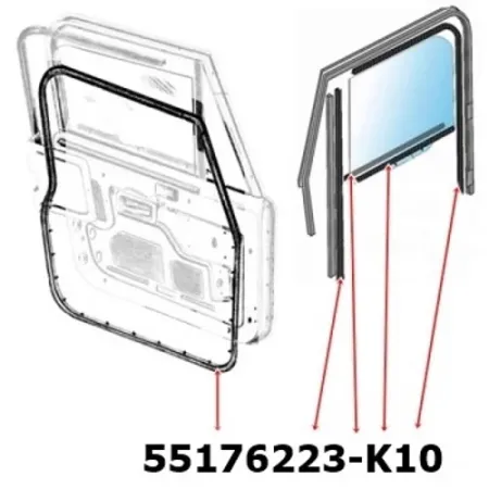 Fairchild Türdichtungen Komplett-Satz 10-teilig Türdichtgummi, Abstreifer, Fensterführung rechts und links. Jeep CJ7 CJ8, Wrangler YJ (1976-1995), technische Zeichnung die die Dichtungen an der Tür aufzeigt