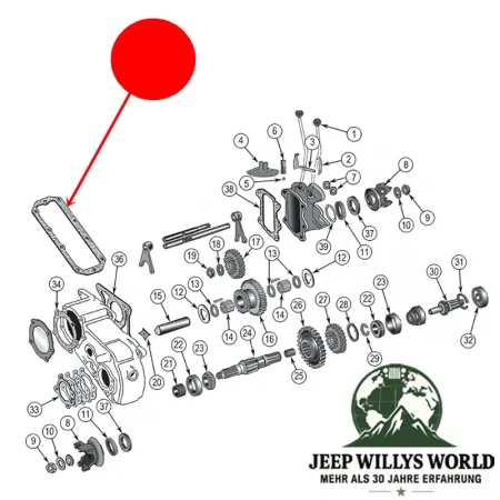 Exploded drawing of transfer case highlighting position of gasket