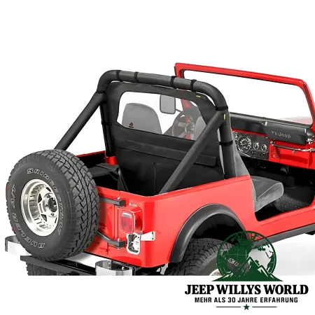 Bestop Windjammer, Windschott Black Denim, schwarzes Vinyl (strukturiert). Jeep CJ5 CJ7 CJ8, Wrangler YJ (80-95) montiert.