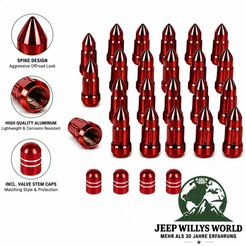 OMIX-Ada Radmuttern Bullet Style Set 23-teilig inkl. Ventilkappen Rot 1/2" Jeep (1964-2018)