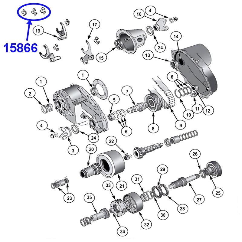 Schaltführungs Set für Schalthabel am NP228, NP229, NP231 und NP242 Verteilergetriebe. Jeep SJ / J Serie / Cherokee XJ / Wrangler YJ / TJ / Grand Cherokee ZJ / ZG / WJ / WG (1982-2007), Explosionszeicnung die die Führungen am Getriebe zeigt.