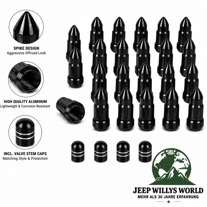 OMIX-Ada Radmuttern Bullet Style Set 23-teilig inkl. Ventilkappen Schwarz 1/2" Jeep (1964-2018)