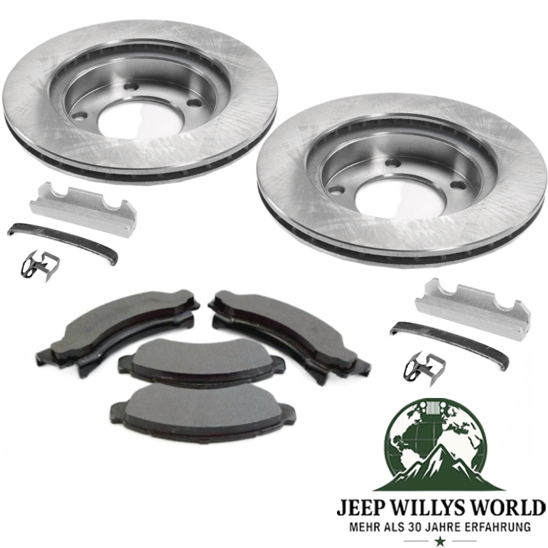 Scheibenbremsen Set vorne Jeep CJ5 CJ7 77-78, Bremsscheiben, Bremsklötze und Befestigungsclips abgebildet.