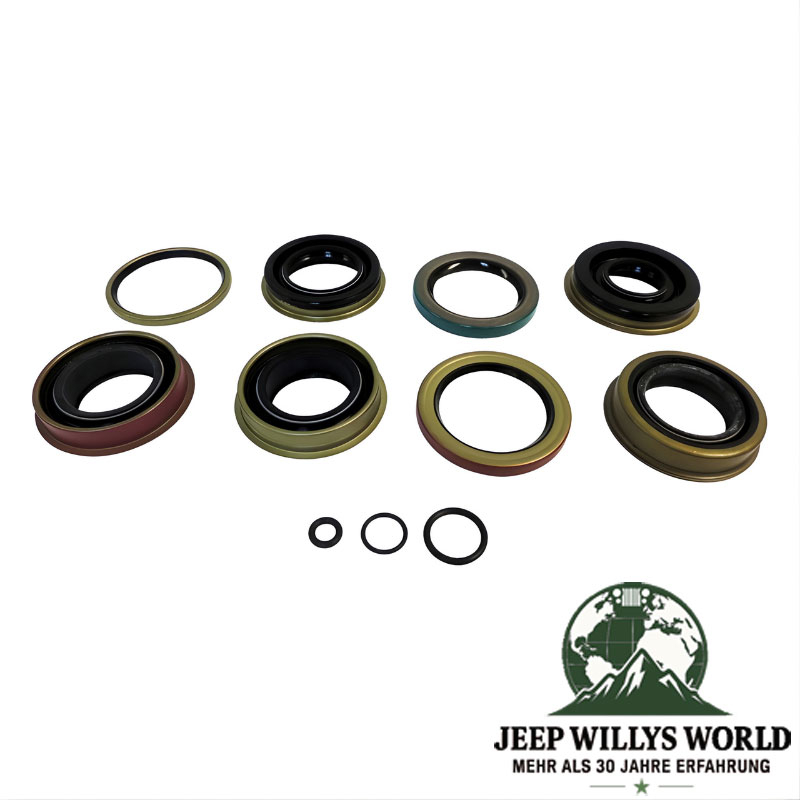 Vollständiger Dichtsatz, Simmerringe und O-Ring Set für NP231Verteilergetriebe . Jeep Cherokee XJ / Wrangler YJ / TJ (1987-2002), voller Lieferumfang abgebildet.