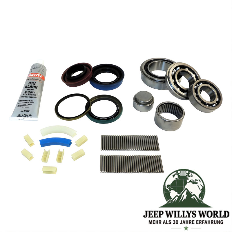 kompletter Überholsatz inkl. Lager, Simmerringe, Dichtungen, Nadeln und Schaltführung für NP242 Verteilergetriebe. Jeep Cherokee XJ / Grand Cherokee ZJ / ZG (1987-1993), vollständiger Lieferumfang abgebildet.