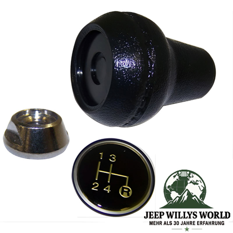Schaltknauf Kit T4 T176 T177 Schaltgetriebe Jeep CJ / SJ / Cherkee XJ (80-86), Schaltknauf, Schaltbild und Befestigungsmutter abegebildet.