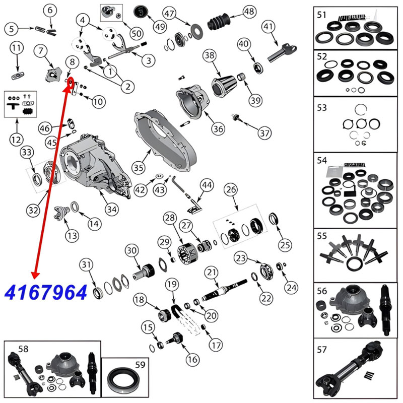 Haltering für den Schalthebel, Schaltstock am NP231, NP242 und NP249 Verteilergetriebe. Jeep Cherokee XJ / Wrangler YJ / TJ / Grand Cherokee ZJ / ZG / Comanche MJ (1987-2006), Explosionszeichnung, die die Position der Halterings am Getriebe zeigt.