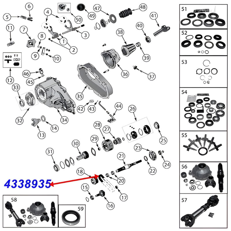 Getriebekette mit 31 Gliedern und 25,4mm Breite für NP231 Verteilergetriebe. Jeep Cherokee XJ / Wrangler YJ / TJ / Grand Cherokee ZJ / ZG / Comanche MJ / Liberty KJ (1987-2007), Explosionszeichnung, die die Position der Kette am Getriebe zeigt.