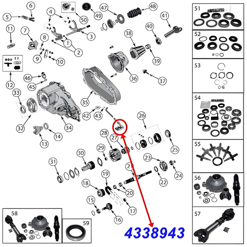Getriebeölfilter für das NP231 und NP242 Verteilergetriebe. Jeep Cherokee XJ / Wrangler YJ / TJ / Grand Cherokee ZJ / ZG / WJ / WG (1987-2006), Explosionszeichnung die die Position des Filters am Getriebe ze