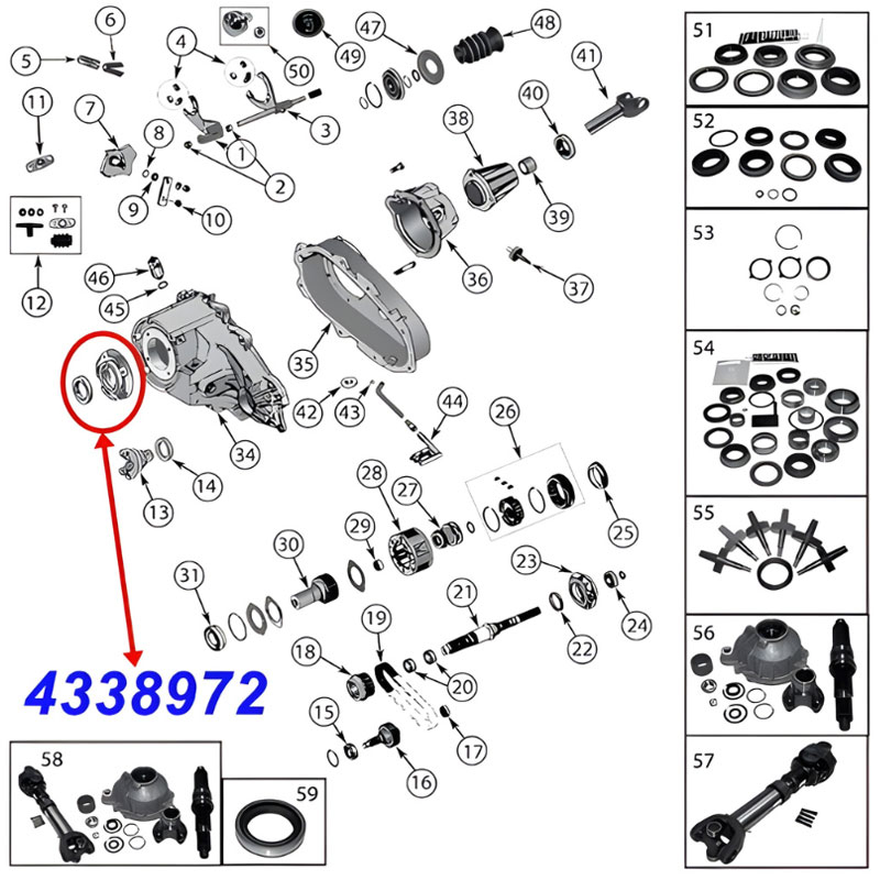 Lagerhalterung und Simmerring Kit am Eingang vorne NP231 Verteilergetriebe. Jeep Cherokee XJ / Wrangler YJ / Comanche MJ (1987-1996), Explosionszeichnung die die Position des Halters und Rings am Getriebe zeigt.