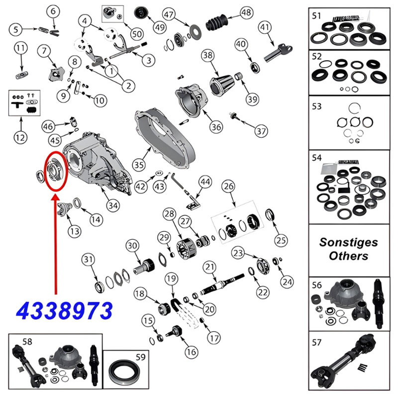 Halter für das Lager am Eingang vorne vom NP231 oder NP242 Verteilergetriebe. Jeep Cherokee XJ / Wrangler TJ / Grand Cherokee ZJ / ZG /WJ / WG / Comanche MJ / Liberty KJ (1991-2007), Explosionszeichnung die die Posit