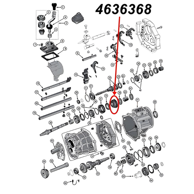 Zahnrad mit 31 Zähnen für den ersten (1.) Gang am AX15 Schaltgetriebe. Jeep Cherokee XJ / Wrangler YJ / TJ / Grand Cherokee ZJ / Comanche MJ (1987-1999), Explosionszeichnung, die mit rotem Pfeil die Position des Zahnrads am Schaltgetriebezeigt.