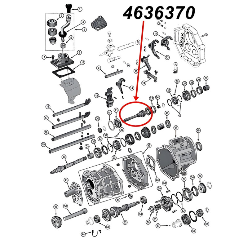 Input Shaft with 10 Spline and 29 Teeth for AX15 Transmission. Jeep Cherokee XJ Wrangler YJ TJ Comanche MJ Grand Cherokee ZJ (1992-1997), exploded drawing highlighting the location of Shaft on Transmission with red arrow.