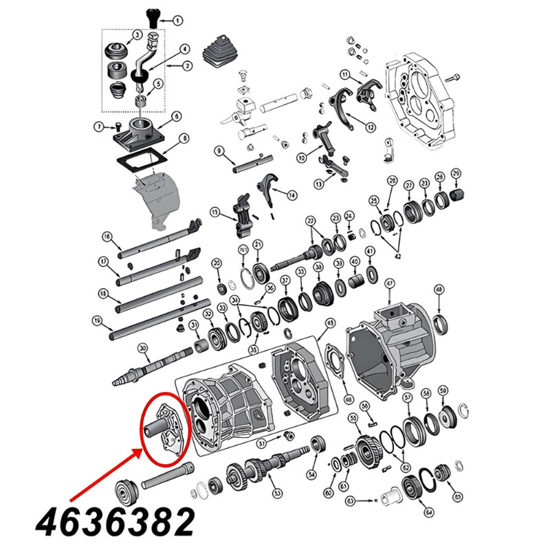 Lagerhalter, Gehäusedeckel vorne am AX15 Schaltgetriebe. Jeep Cherokee XJ / Wrangler YJ / TJ / Grand Cherokee ZJ / ZG (1994-1999), Explosionszeichnung, die mit rotem Pfeil die Position des Halters am Schaltgetriebezeigt.