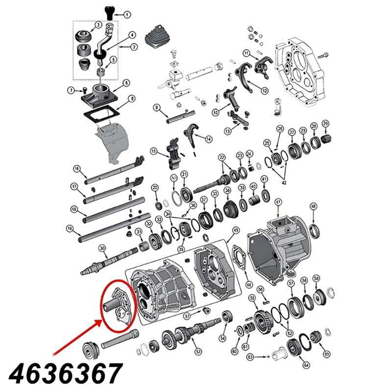 Lagerhalter, Gehäusedeckel vorne am AX15 Schaltgetriebe. Jeep Cherokee XJ / Wrangler YJ  Grand Cherokee ZJ / ZG (1992-1993), Explosionszeichnung, die mit rotem Pfeil die Position des Halters am Schaltgetriebezeigt.