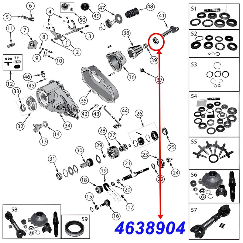 Simmerring am Ausgang hinten NP207, NP231, NP242 und NP243 Verteilergetriebe. Jeep Cherokee XJ / Wrangler YJ / Grand Cherokee ZJ / ZG / Comanche MJ (1987-1998), Explosionszeichnung, die die Position des Simmerrings am Getriebe zeigt.