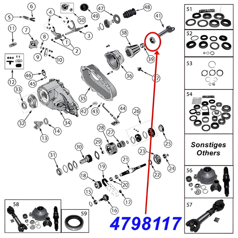 Simmerring Ausgang Getriebeflansch zur Kardanwelle hinten am NP231 oder NP242 Verteilergetriebe. Jeep Cherokee XJ / Wrangler TJ / Grand Cherokee ZJ / ZG / WJ / WG (1994-2006), Explosionszeichnung, die die Position des Simmerring am Getriebe zeigt.