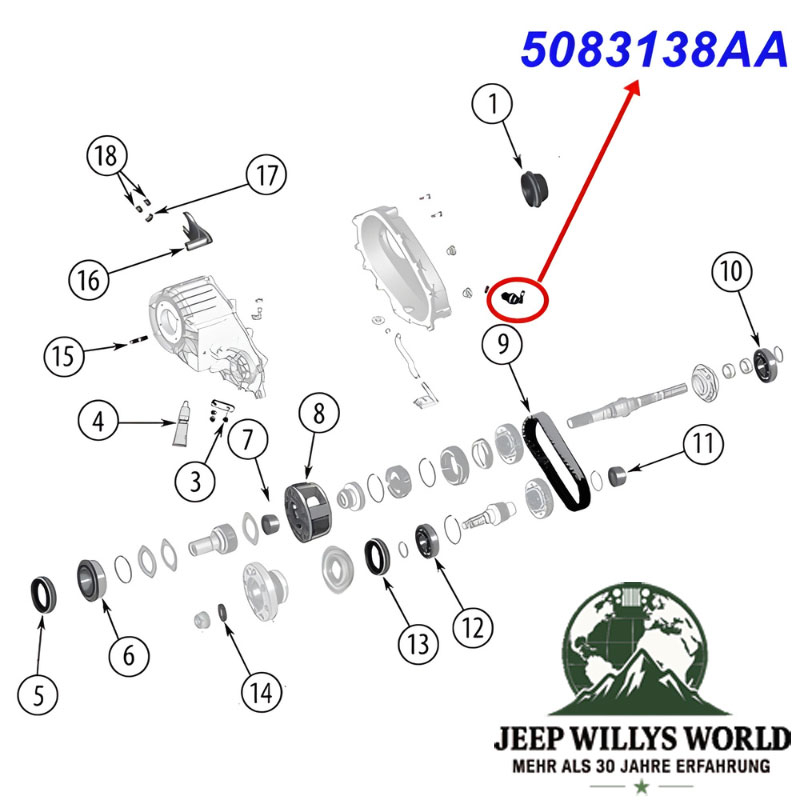 Vakuumschalter, Unterdruck, Allrad für NV231, NV241, NV241OR, NV242, NV247, MP1622C und MP3022 Verteilergetriebe. Jeep Wrangler TJ / JK / JL / Grand Cherokee WJ / WG / Gladiator JT / Liberty KJ (2003-2026), Explosionszeichnung, die die Position des Schalt