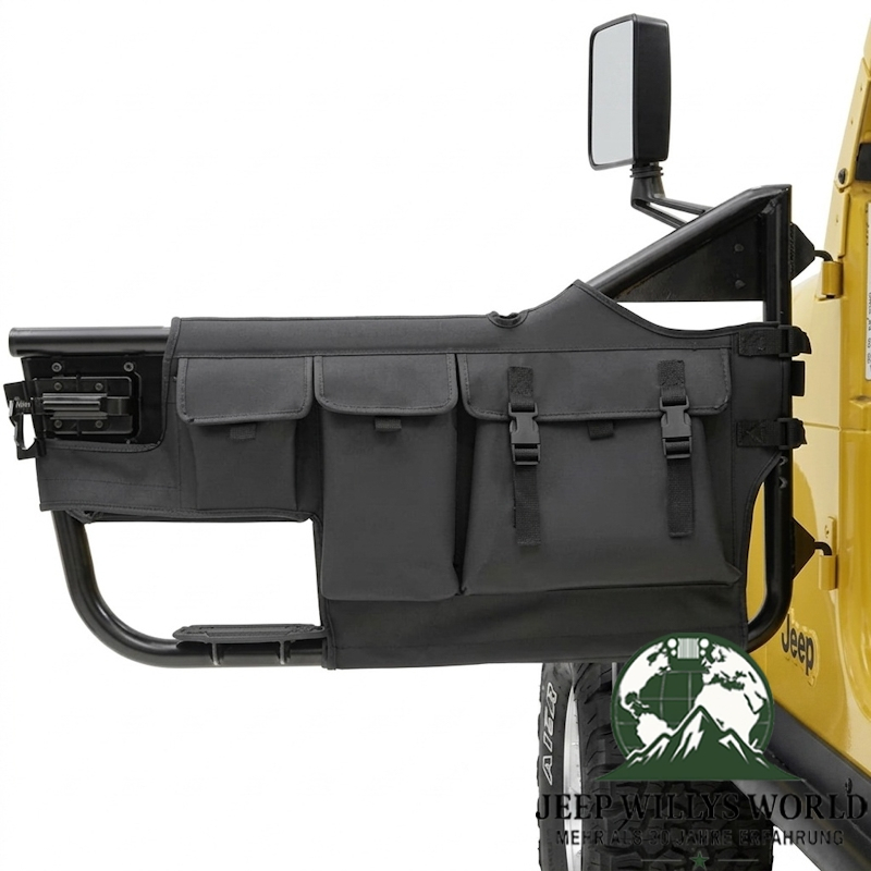 Storage Bags Vinyl Black Denim for Bestop High Rock 4x4 Element Doors Jeep CJ7, CJ8, Wrangler YJ, TJ (76-06). Close-up.