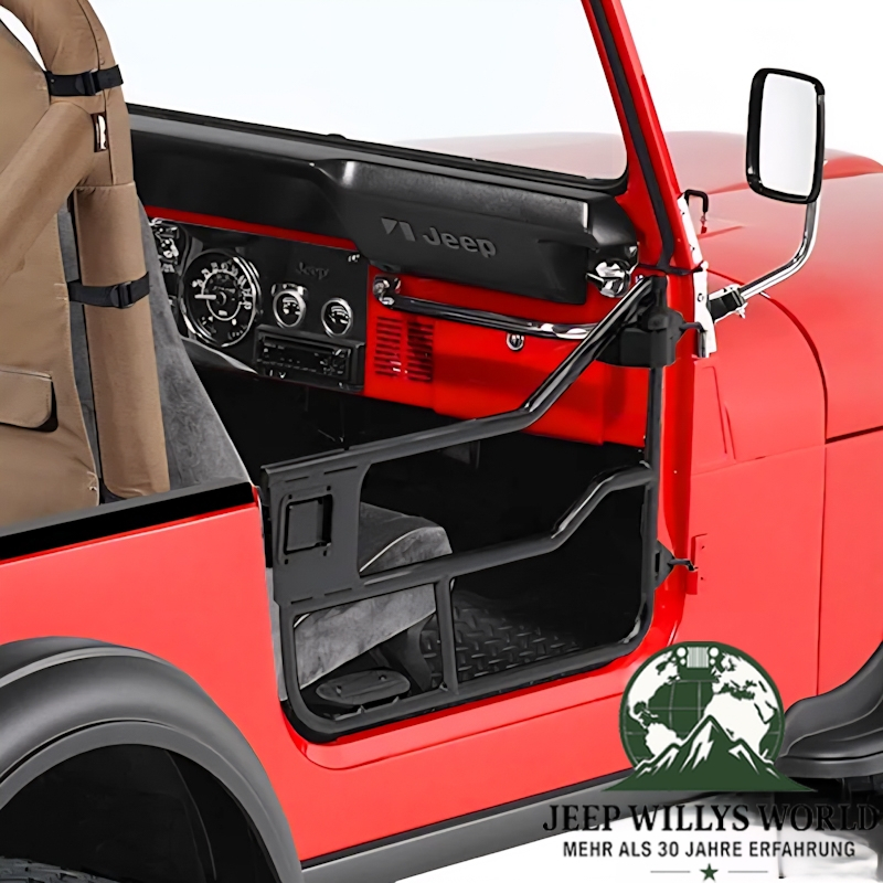 Element Doors HighRock 4x4 Matt Black Bestop powder coated Jeep CJ7 (76-80). mounted, close-up.