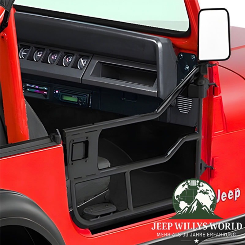 Element Doors HighRock 4x4 Matt Black Bestop powder coated Jeep CJ7, CJ8, Wrangler YJ (80-95). mounted, close-up.