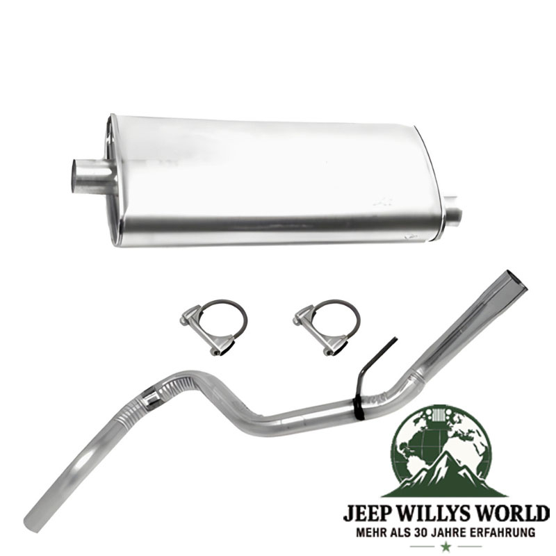 Exhaust Muffler and Tailpipe Set MSL Maximum (aluminized) with 2.25" (57,15 mm) for 4.0L and 5.2L gasoline engine. Jeep Grand Cherokee ZJ / ZG (1992-1995), full scope of delivery incl. Clamps pictured.