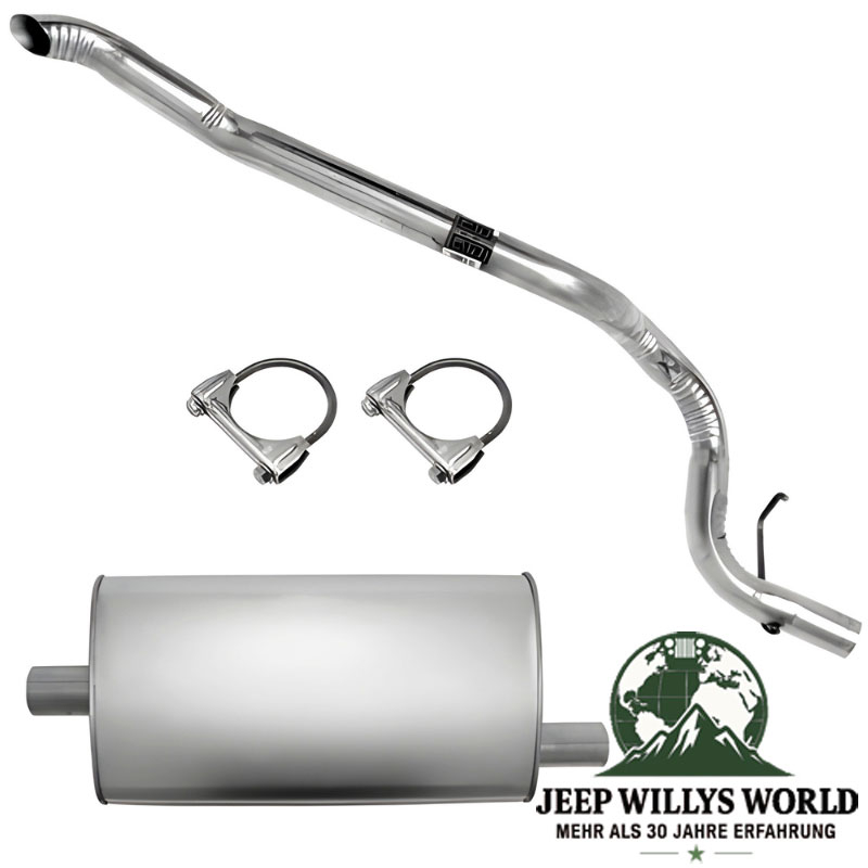 Endschalldämpfer und Endrohrbogen Kit (aluminisiert) inkl. Schellen. 2,25" (57,15 mm) für 2,5L 4 Zylinder oder 4,0L 6 Zylinder Motor. Jeep Cherokee XJ (1987-1995), voller Lieferumfang inkl. Schellen abgebildet.