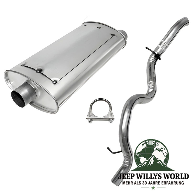 Aluminized steel Muffler and Tail Pipe Set with 2,25" Tube for 4.0L engine. Jeep Wrangler TJ (1996-23.01.2000), full scope of delivery pictured incl. clamp.