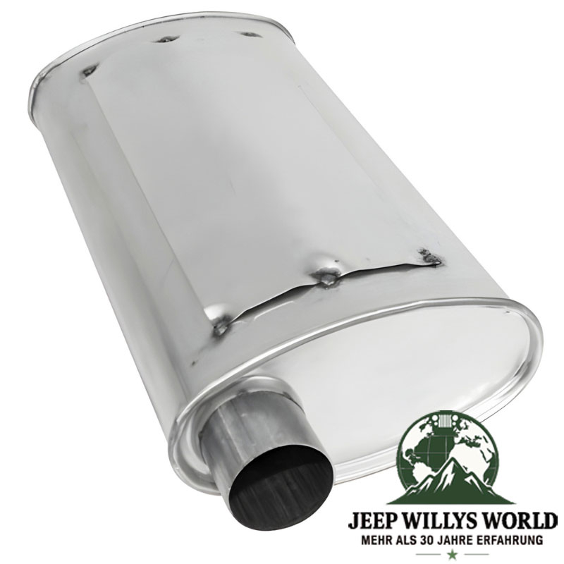 Aluminized steel Muffler with 2,25" Tube 2.5L 4.0L engine. Jeep Wrangler TJ (1996-23.01.2000), outlet with topside visable.