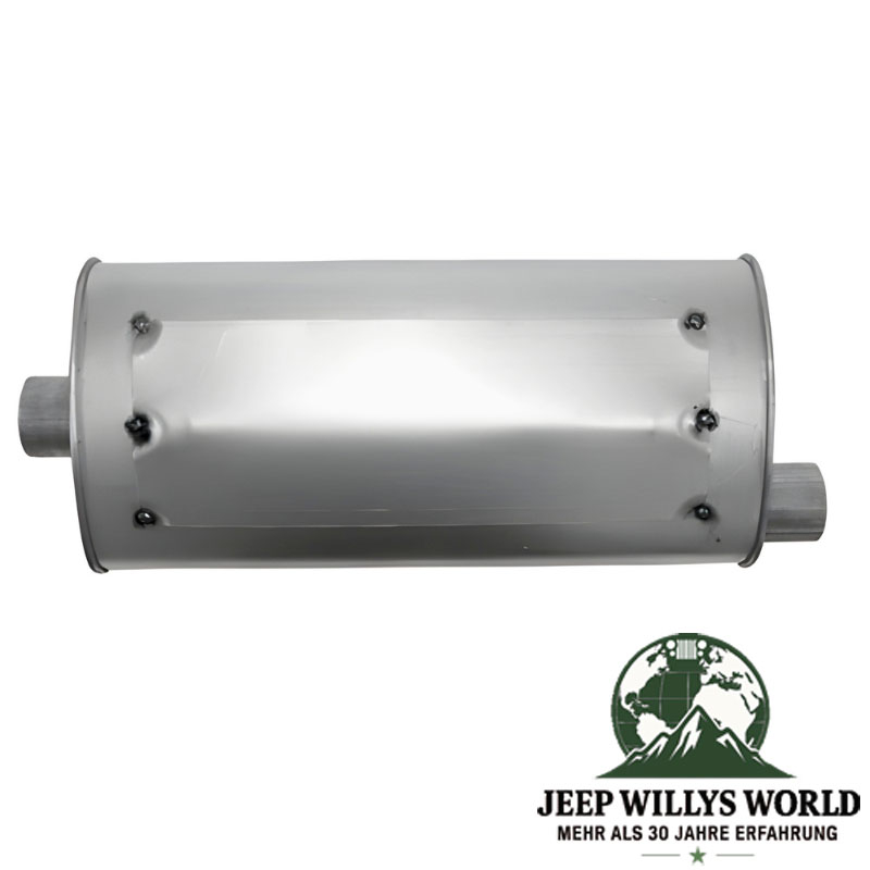 Aluminized steel Muffler with 2,25" Tube 2.5L 4.0L engine. Jeep Wrangler TJ (1996-23.01.2000), inlet with top visable, top side pictured with inlet on left hand side.