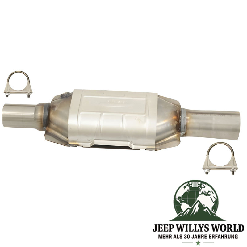 Katalysator (aluminisiert) für 2,5L, 4,0L, 5,2L oder 5,9L Benzin Motor. Jeep Cherokee XJ / Grand Cherokee ZJ / ZG / WJ / WG (1996-2001) inkl. 2 Schellen abgebildet.