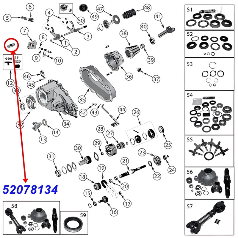 Lagerung für das Schaltgestänge am NP231 und NP242 Verteilergetriebe oder CJ Automatikgetriebe. Jeep CJ / Cherokee XJ / Wrangler YJ / TJ / Grand Cherokee ZJ / ZG (1981-2002), Explosionszeichnung die die Position des Lagers zeigt.