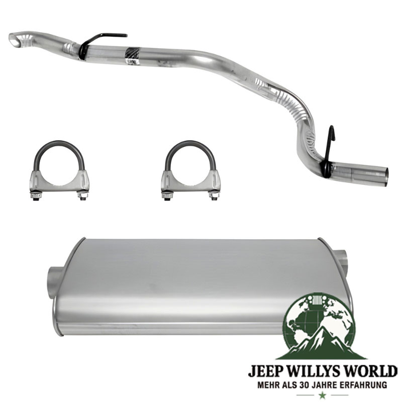 Endschalldämpfer und Endrohrbogen Kit (aluminisiert) inkl. Schellen. 2,25" (57,15 mm) für 2,5L 4 Zylinder oder 4,0L 6 Zylinder Motor. Jeep Cherokee XJ (1996-2000), voller Lieferumfang inkl. Schellen abgebildet.